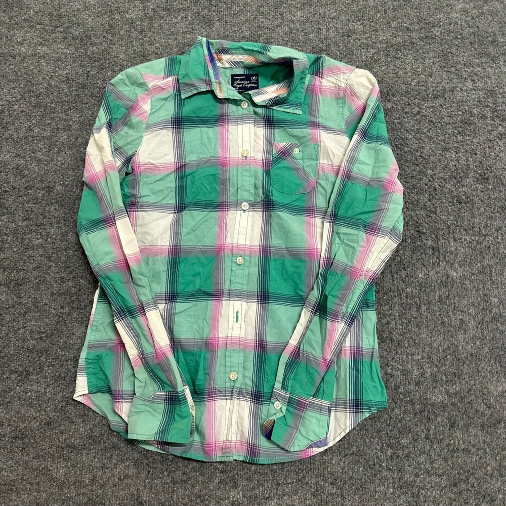 American Eagle Shirt Womens S Green Pink Plaid Favorite Fit Cotton Long Sleeve